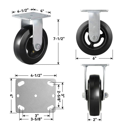 Heavy Duty 6 Inch Plate Caster Wheels With Rubber On Cast Iron Core, 1000 Lb Per Caster Capacity, product dimensions shown