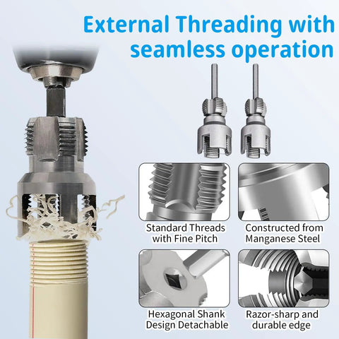Kick Butt Plumbing Work With This Heavy-Duty PVC Pipe Threader Set showing external threading on PVC with durable steel design.