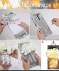 Installation steps for Rustic Mason Jar Wall Lights With Remote, Battery Powered Sconce Set Of 2, with LED lights and flowers.