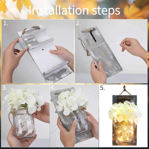 Installation steps for Rustic Mason Jar Wall Lights With Remote, Battery Powered Sconce Set Of 2, with LED lights and flowers.