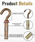 Close-up of Concrete Wall Hooks Set Of Four With Expansion Anchor and Eye Bolt showing screw, galvanized surface, and distribution details.