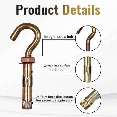 Close-up of Concrete Wall Hooks Set Of Four With Expansion Anchor and Eye Bolt showing screw, galvanized surface, and distribution details.