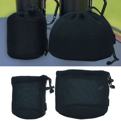 Two black nylon mesh camping storage bags with drawstring, shown on a table, perfect for pots, utensils, and outdoor gear organization.
