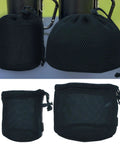 Two black nylon mesh camping gear storage bags for pots and tableware, drawstring organizer sack for outdoor cooking.