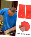 Carpentry Hinge Positioning Tool Set Pro Grade With Adjustable Hole Locator for accurate cabinet door installations, shown beside usage example.