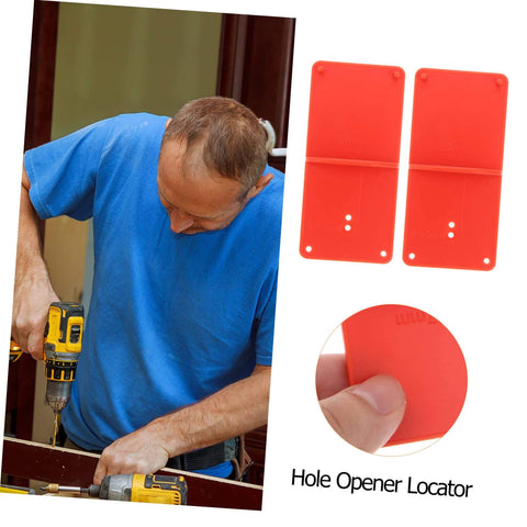 Carpentry Hinge Positioning Tool Set Pro Grade With Adjustable Hole Locator for accurate cabinet door installations, shown beside usage example.