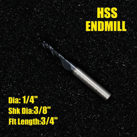 Roughing End Mill HSS Square Nose 4 Flute Fine Tooth Bit Three Eighths Inch Shank One Quarter Inch Cutting Diameter Pro Grade Titanium Coated For Fast Cuts Three Quarters Inch Flute Length Two And A Half Inch Overall Length For Milling Metal Steels shown against a black background.