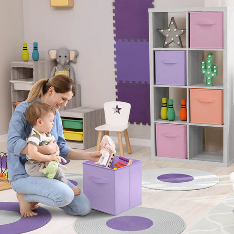 11 Inch Foldable Storage Bins With Handles Set Of 6 In Pastel Orange Purple And Pink in a playroom setting with toy storage