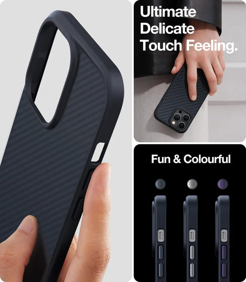 Shockproof IPhone 14 Pro Max Case With Military Grade Drop Protection And 360 Degree Airbag Defense Slim Hard Back Cover In Black Semi Clear 6 7 Inch Kevlar Guardian Series held in hand, showcasing texture.