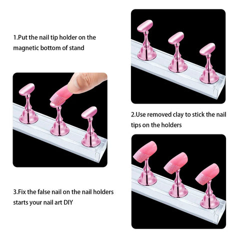Close-up of 2 Sets Pink Nail Stands For Press On Nails Display With Magnetic Nail Holders showing step-by-step setup.