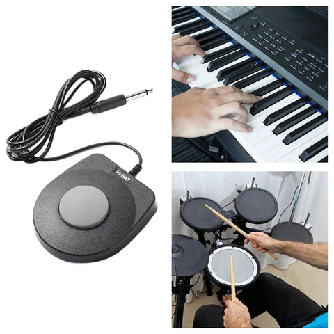 Universal Foot Pedal For Digital Pianos And MIDI Gear, 6.5mm Interface, shown with keyboard and drum set