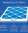 Diagram of pleated air filter showing nominal size 20x25x1 and actual size 19.5x24.5x0.75 for HVAC systems.