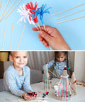 One Hundred Pack Premium Natural Wood Dowel Rods One Eighth By Six Inches Ultra Smooth Round Craft Sticks being used in fun DIY crafts by children.