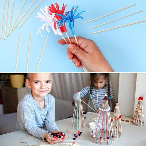 One Hundred Pack Premium Natural Wood Dowel Rods One Eighth By Six Inches Ultra Smooth Round Craft Sticks being used in fun DIY crafts by children.