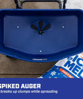 Top view of 80 lb salt spreader for ice melt and winter weather with spiked auger, featuring blue hopper and ice melt bag.