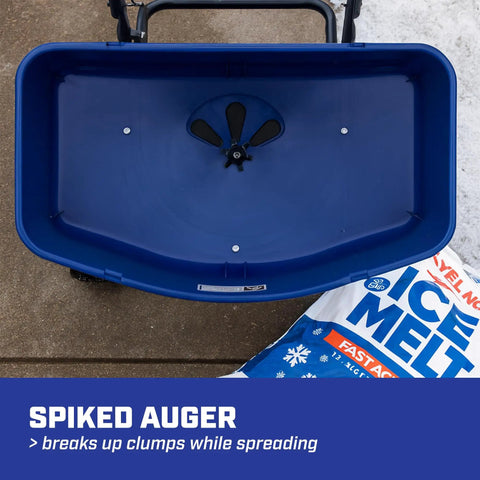 Top view of 80 lb salt spreader for ice melt and winter weather with spiked auger, featuring blue hopper and ice melt bag.