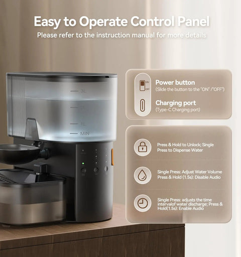 Wireless Cat Water Fountain With No Filters And Wastewater Separation control panel showing power button and charging port.