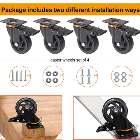 Set of 4 5-inch caster wheels with brakes; heavy-duty dual-locking polyurethane wheels, includes two hardware kits