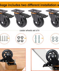 Heavy Duty 4 Inch Swivel Caster Wheels Set Of 4 With Dual Locking Brakes, showcasing two installation methods and included hardware.
