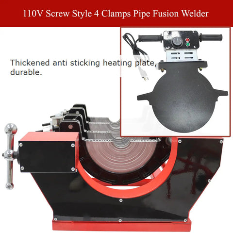 Four Clamp Pipe Fusion Welder Hand Crank Butt Fusion Welding Machine 110V with durable anti-sticking heating plate.