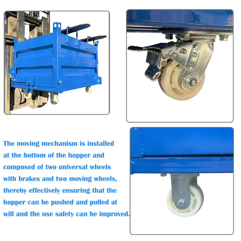 Heavy Duty 2200 Lb Self Dumping Hopper For Forklift And Manual Operation Rock Solid Steel Frame Industrial Material Cart wheels and mechanism.