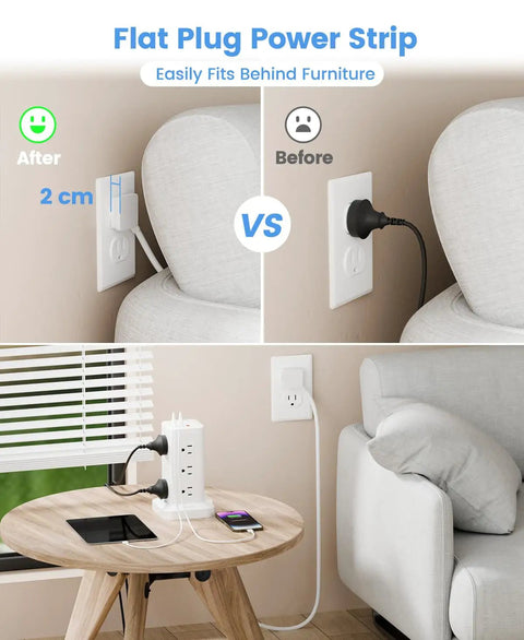 Comparison of Flat Plug Power Strip showing 2 cm clearance behind furniture, demonstrating ease of fit and space-saving design.