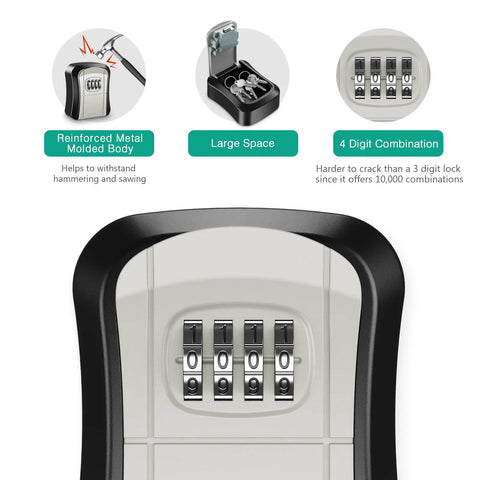 Rugged 4 Digit Key Safe Box for Wall Mount with reinforced metal body and large interior space, shown open and closed.