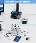 LED Desk Lamp with 15W Wireless Charger, USB and Type C Ports, 2 AC Outlets, built-in alarm clock on tidy desktop