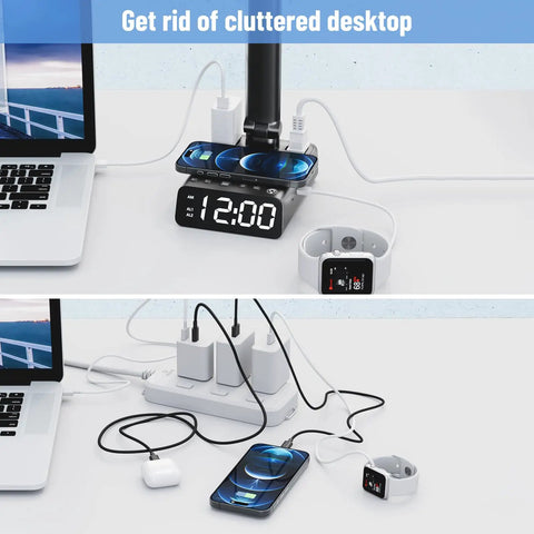LED Desk Lamp with 15W Wireless Charger, USB and Type C Ports, 2 AC Outlets, built-in alarm clock on tidy desktop