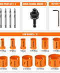 Bi-Metal Hole Saw Kit With One Arbor Fits All, 17-Piece Set showing 11 saw blades, 4 drill bits, quick-change arbor, hex key