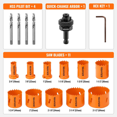 Bi-Metal Hole Saw Kit With One Arbor Fits All, 17-Piece Set showing 11 saw blades, 4 drill bits, quick-change arbor, hex key