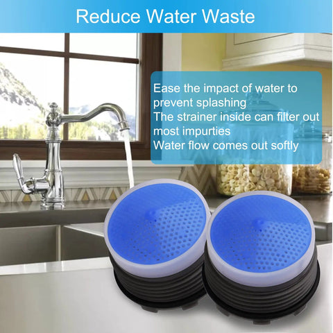 12 Pack Universal Faucet Aerators With 6 Piece Heavy Duty Removal Wrench For Sinks And Kitchen Fixtures—two blue aerators used for water flow.