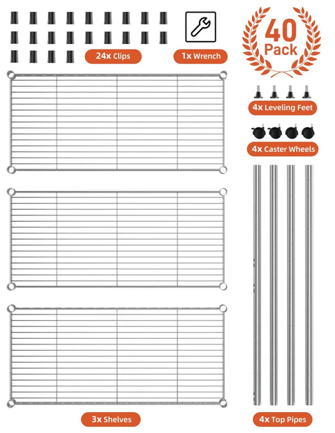 40 pack components for Heavy Duty Chrome Steel Rolling Storage Shelves Three Tier Mobile Wire Rack setup including clips and shelves.