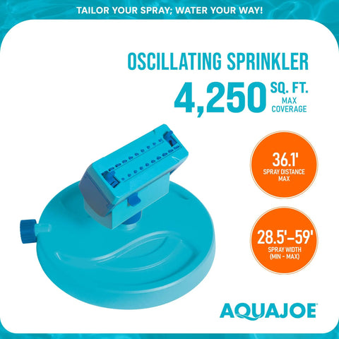 Mini Oscillating Sprinkler On Sled Base With 20 Nozzles And 4 Spray Patterns For Precision Watering, blue gear-driven design.