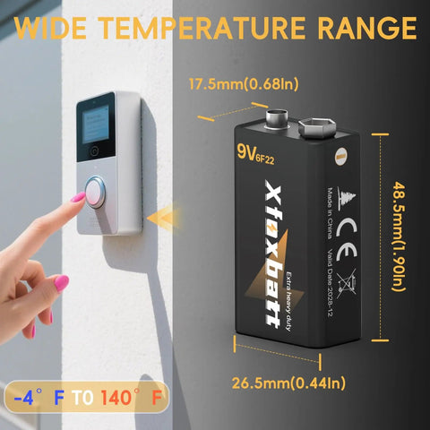 Long-Lasting 9V Carbon Zinc Batteries 6F22 Pack of 4 - Leakproof Power dimensions and usage diagram with temperature range