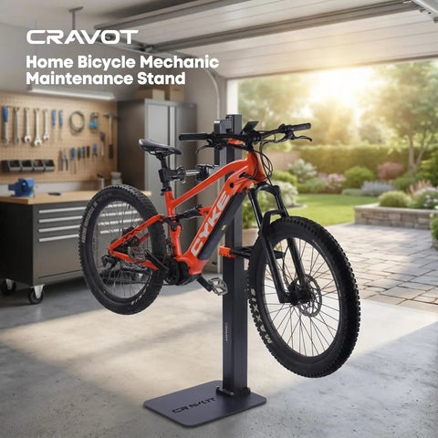 Electric Bike Repair Stand With 360 Degree Rotating Clamp Adjustable Height From 30 To 77 Inches in garage with mountain bike