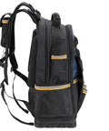 Side view of black and blue 38 Pocket Molded Base Tool Backpack With Upright Stand Heavy Duty 1680D Ballistic Polyester Durable Pro Grade Tool Carrier For Tradesmen