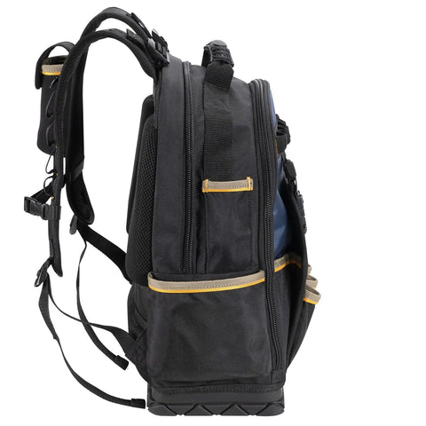 Side view of black and blue 38 Pocket Molded Base Tool Backpack With Upright Stand Heavy Duty 1680D Ballistic Polyester Durable Pro Grade Tool Carrier For Tradesmen