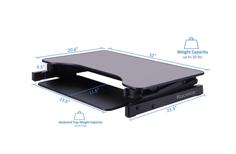 32 Inch Height Adjustable Standing Desk Converter With Slide Out Keyboard Tray and Dual Monitor Riser showing detailed dimensions.