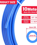 Blue 8Mm OD PU Air Hose Line Kit With Push To Connect Fittings for Compressed Air, 10m tubing size and specifications shown