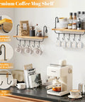 Legit Pine Wood Floating Wall Shelves With Ten Adjustable Mug Hooks For Your Best Coffee Bar Setup Yet Rustic Industrial Brackets and Heavy Duty Storage Rack Totally Kick Up Your Kitchen Or Bathroom Walls.
