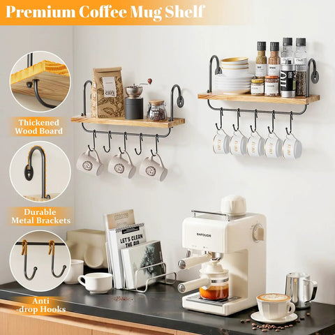 Legit Pine Wood Floating Wall Shelves With Ten Adjustable Mug Hooks For Your Best Coffee Bar Setup Yet Rustic Industrial Brackets and Heavy Duty Storage Rack Totally Kick Up Your Kitchen Or Bathroom Walls.