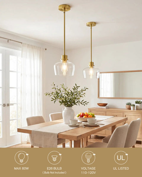 Emak 8 Inch Pendant Lights Kitchen Island, 1-Light Brushed Gold Kitchen Pendant Lights with Clear Glass Shade in dining room