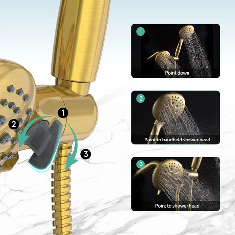 High Pressure 3 Way Rainfall Shower Faucet Set With 3 In 1 Shower Head And Handheld, 71 Inch Hose in brushed gold, close-up view