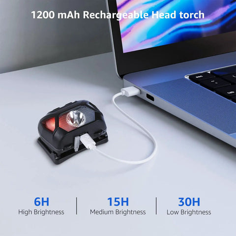 Rechargeable LED Headlamp For Camping And Hiking plugged into laptop via USB cable for charging.