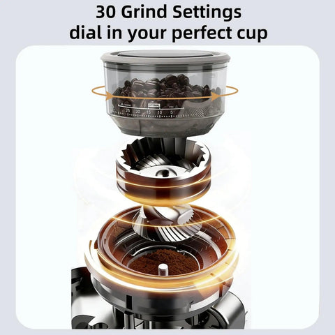 Illustration of 15 Bar Espresso Machine With Built-In Anti-Clog Grinder And Milk Frother Steam Wand Tamping Tools in almond finish.