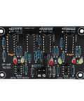 Black op amp testing module board with dual sockets for LM741, LM358, NE5532; shows various components and testing pins