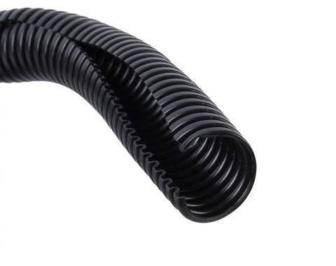 Close-up view of Split Flex Tubing FLX-1050B 1 Inch By 50 Feet Black Pro Grade showing corrugated design and split middle