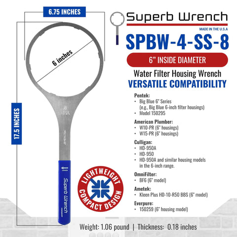 Metal Water Filter Housing Wrench 6 Inch Inside Diameter Replacement Tool For SW-4 And American Plumber Culligan Whirlpool Housings Built Tough For Pros Fits 152015 And 144368 Filtration Units with dimensions and features displayed.