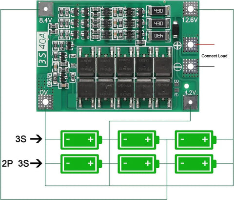 Rock Solid 3S Lithium Battery Protection Board Balancing Charger Module For 18650 Cells with 40A rating and connection diagram.